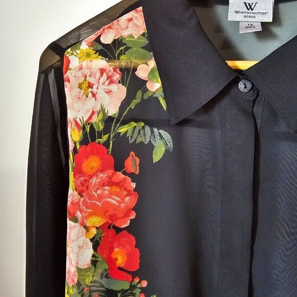 EUC WORTHINGTON WOMAN FLORAL SEMI SHEER BUTTON DOWN SHIRT LONGSLEEVES SIZE 1X - Picture 5 of 14